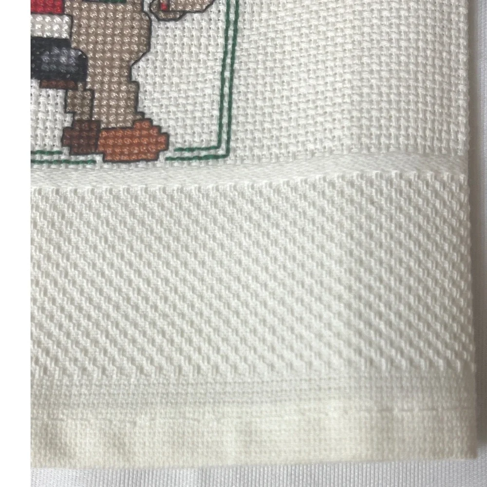 Vintage Handmade Christmas Cross Stitch Santa Reindeer Waffle Hand Towels Set 3